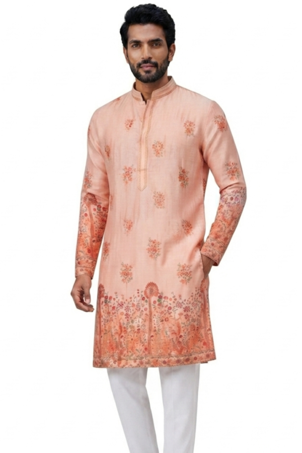 Men’s Peach Floral Print Ethnic Kurta with Mandarin Collar & Full Sleeves