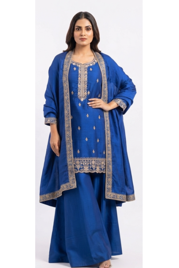 Royal Blue Embroidered Kurta Palazzo Set with Coordinated Dupatta