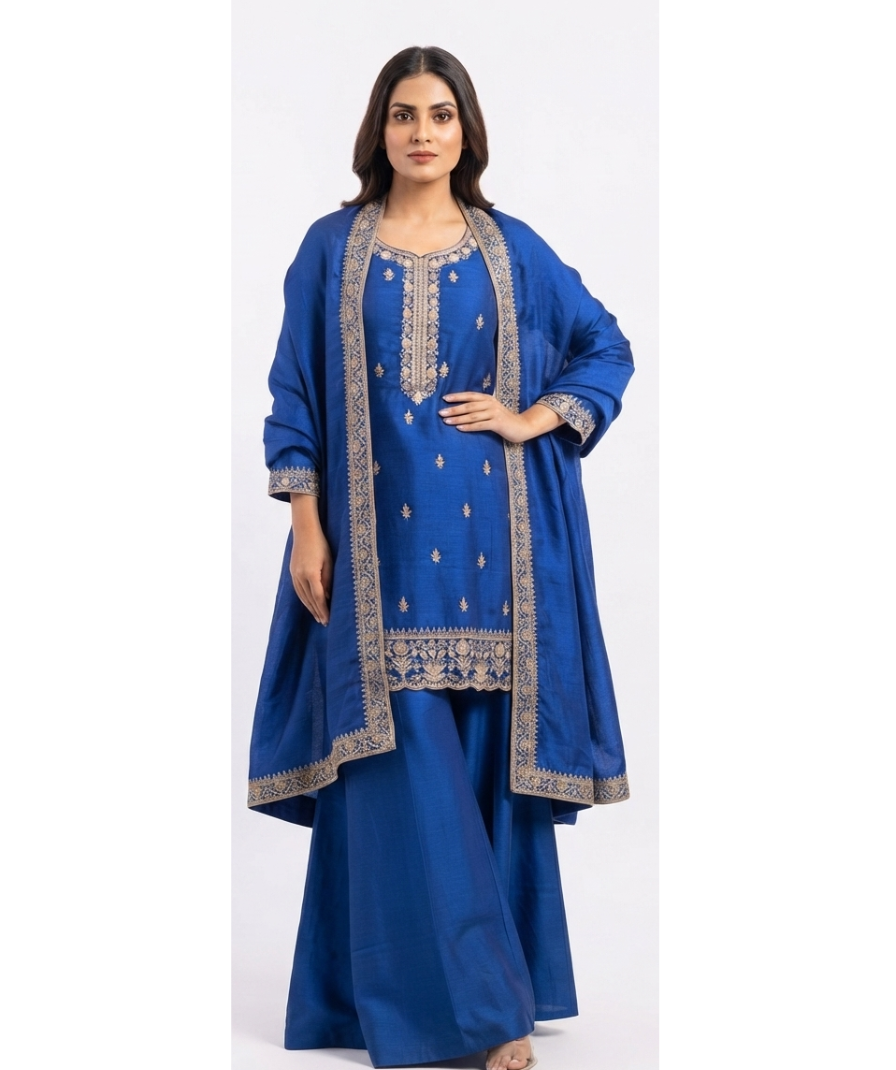 Royal Blue Embroidered Kurta Palazzo Set with Coordinated Dupatta