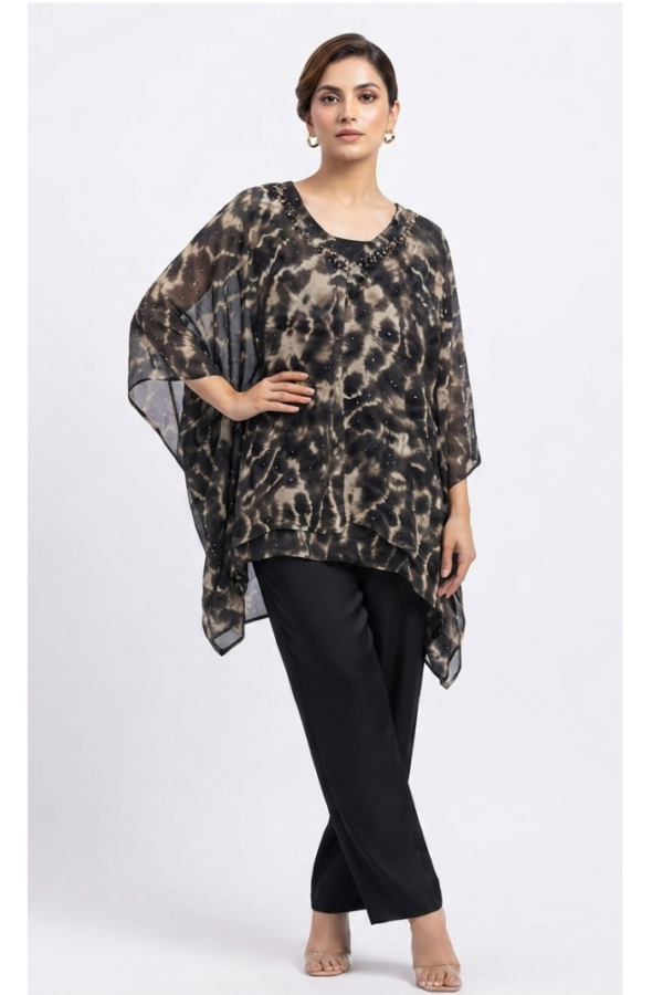 Women's Black & Grey Tie-Dye Kaftan Co-Ord Set with Round Neck and Batwing Sleeves