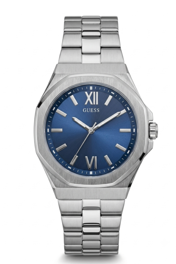 Silver-Tone Blue Dial Analog Watch with Roman Numeral Markers