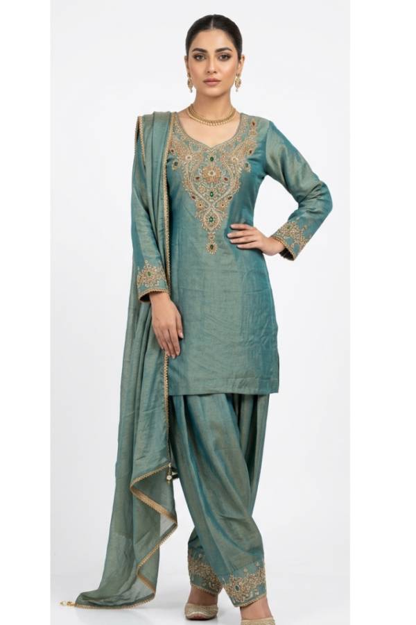 Teal Green Embroidered Salwar Suit Set with V-Neck Kurta, Palazzo Pants & Border-Detail Dupatta