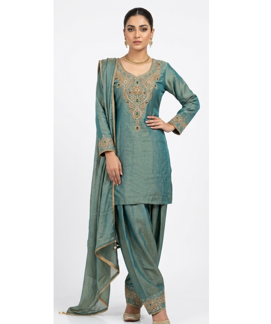 Teal Green Embroidered Salwar Suit Set with V-Neck Kurta, Palazzo Pants & Border-Detail Dupatta