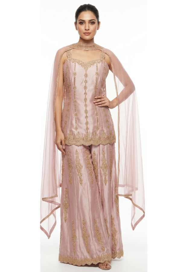 Blush Pink Embroidered Kurta Set with Palazzo Pants and Matching Dupatta