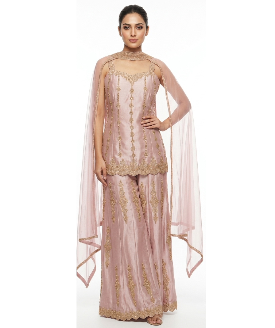 Blush Pink Embroidered Kurta Set with Palazzo Pants and Matching Dupatta