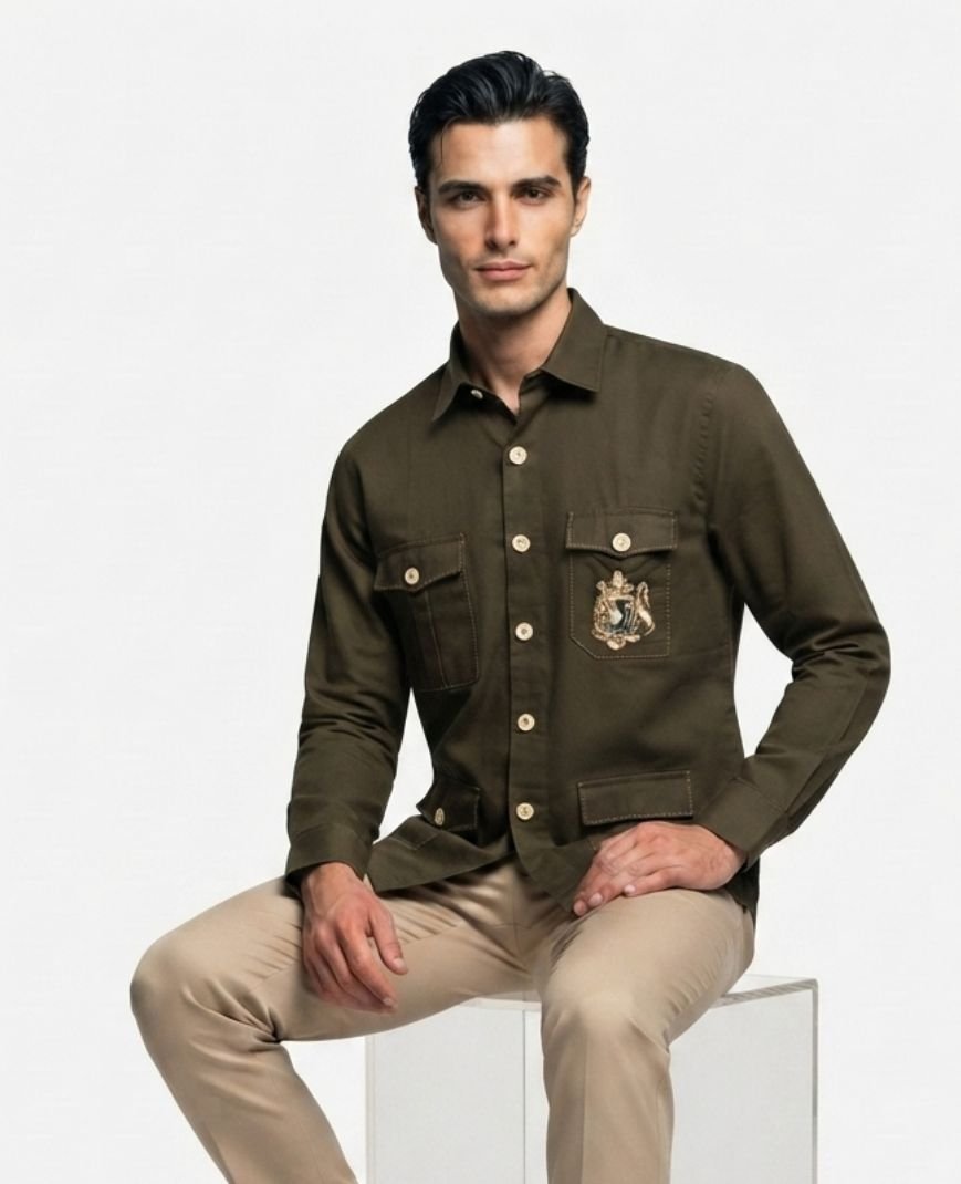 Men's Olive Green Solid Utility Overshirt with Embroidered Pocket Detail, Full Sleeves & Classic Collar - Image 6