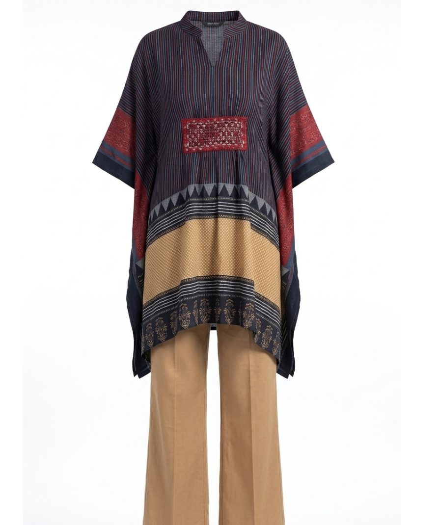 Navy Blue Printed Kurta Set with Striped Pattern, 3/4 Sleeves & Straight-Leg Pants - Image 2