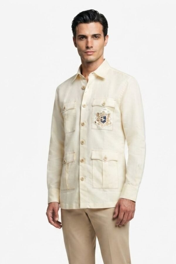Men's Off-White Solid Utility Overshirt with Embroidered Pocket Detail, Full Sleeves & Classic Collar