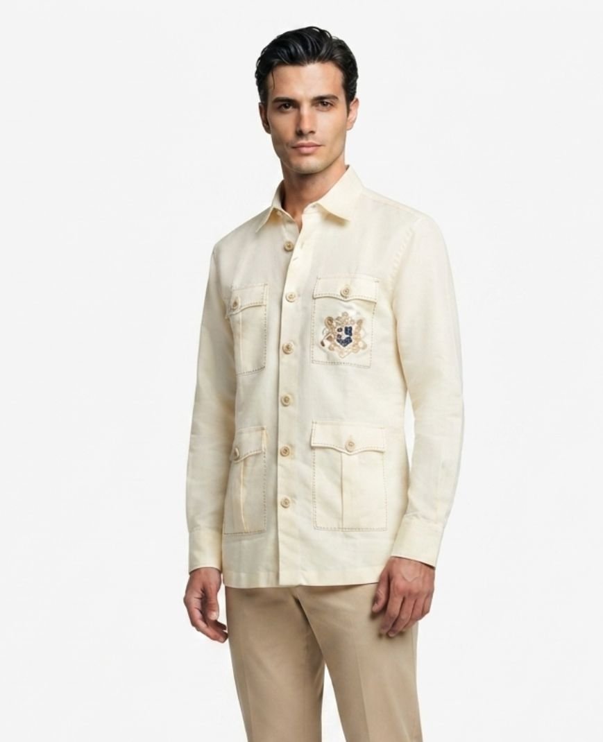 Men's Off-White Solid Utility Overshirt with Embroidered Pocket Detail, Full Sleeves & Classic Collar