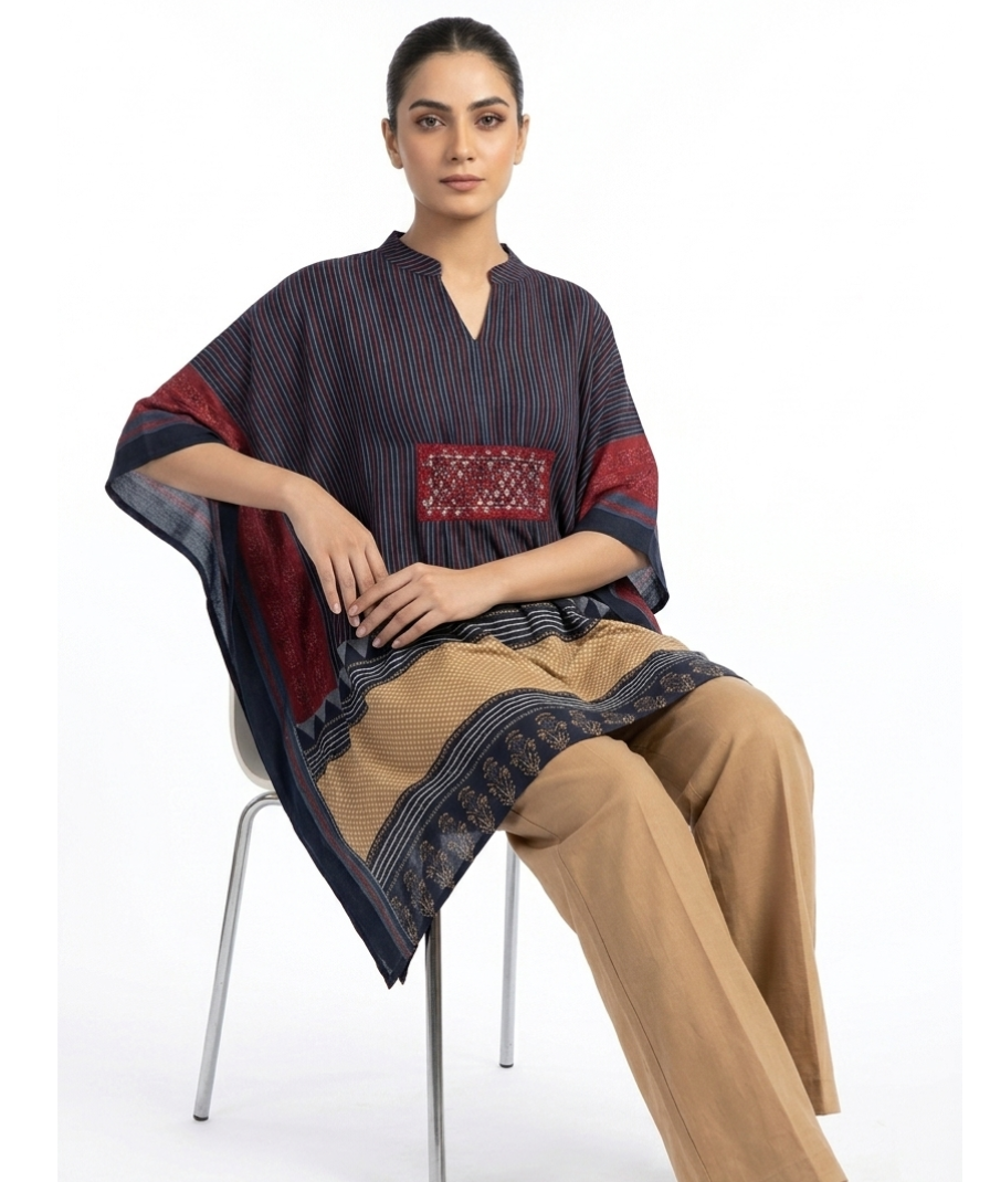 Navy Blue Printed Kurta Set with Striped Pattern, 3/4 Sleeves & Straight-Leg Pants - Image 3
