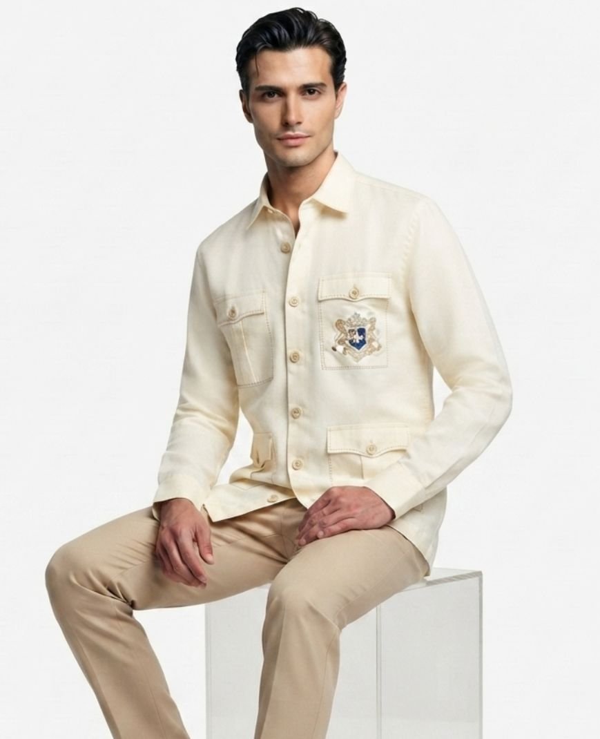 Men's Off-White Solid Utility Overshirt with Embroidered Pocket Detail, Full Sleeves & Classic Collar - Image 6