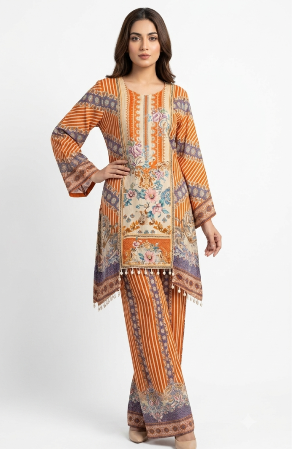 Orange Printed Kurta Set with Floral Panel Detailing, Long Sleeves, Wide-Leg Pants & Matching Dupatta
