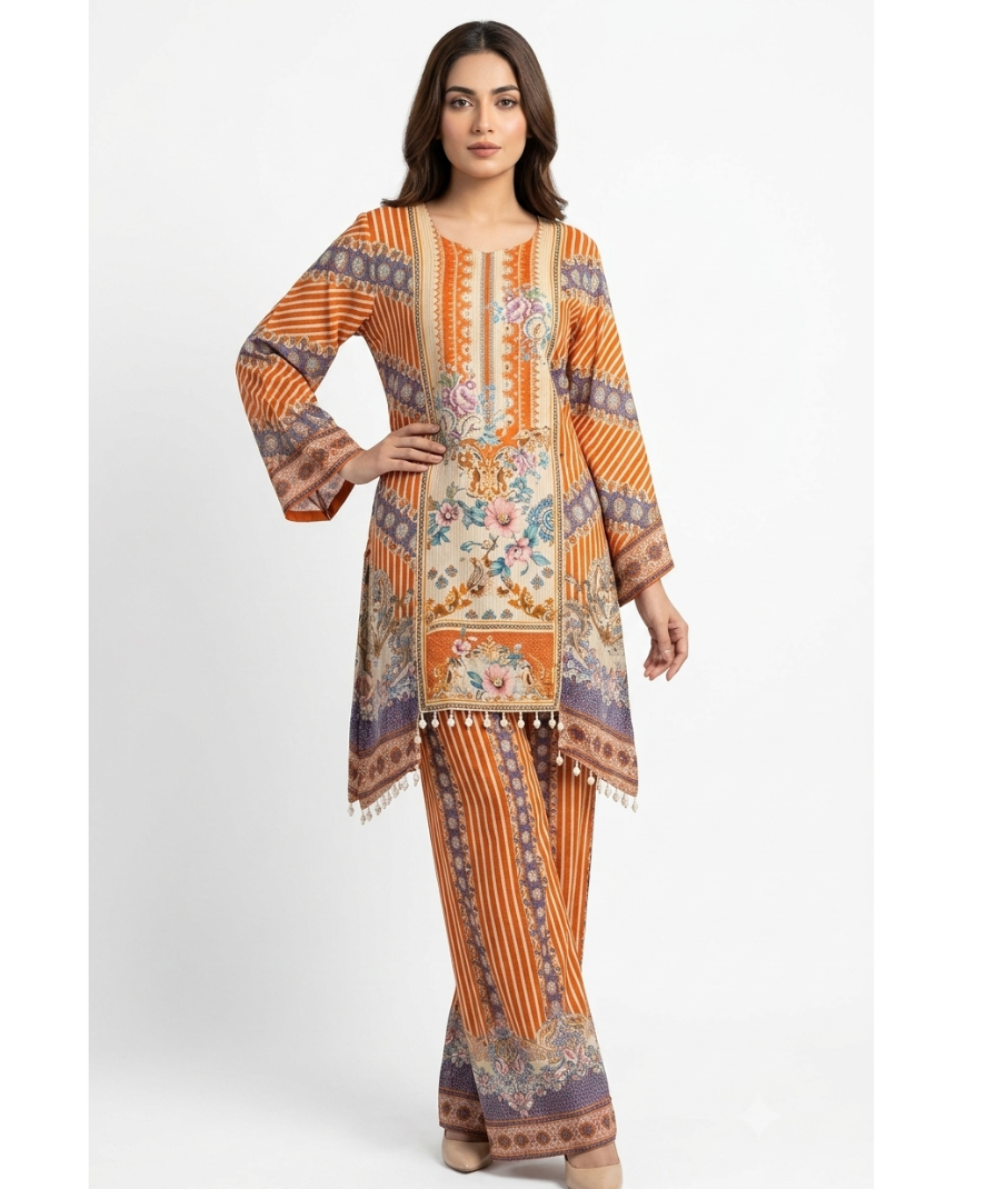Orange Printed Kurta Set with Floral Panel Detailing, Long Sleeves, Wide-Leg Pants & Matching Dupatta