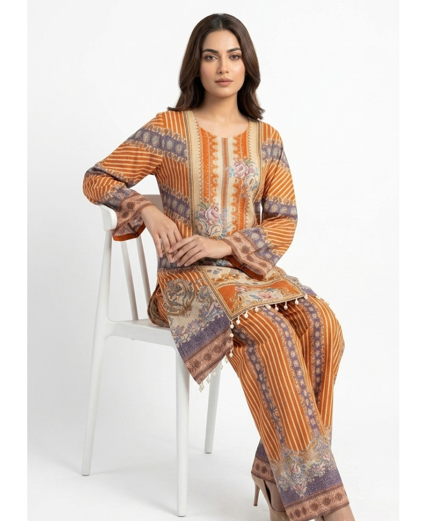 Orange Printed Kurta Set with Floral Panel Detailing, Long Sleeves, Wide-Leg Pants & Matching Dupatta - Image 3
