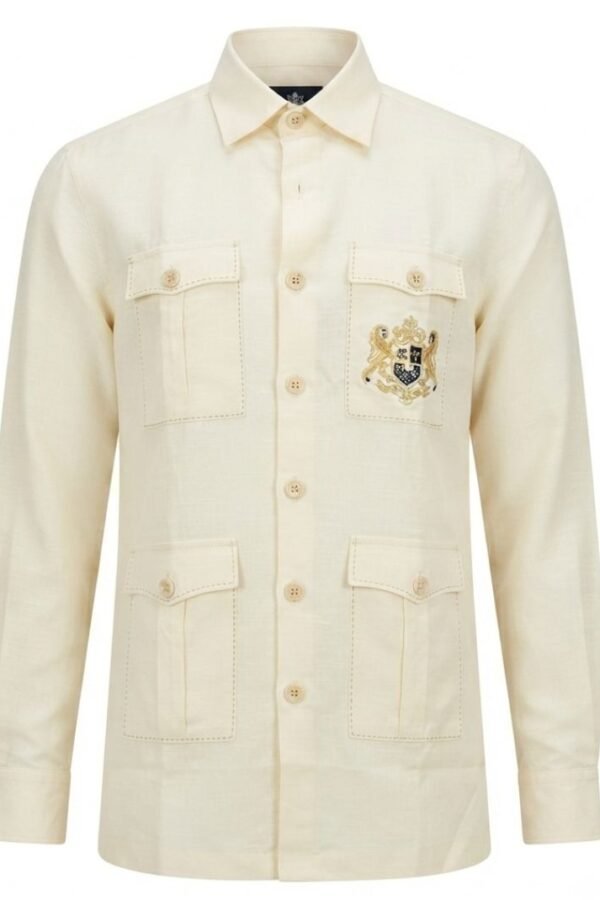 Men's Off-White Solid Utility Overshirt with Embroidered Pocket Detail, Full Sleeves & Classic Collar