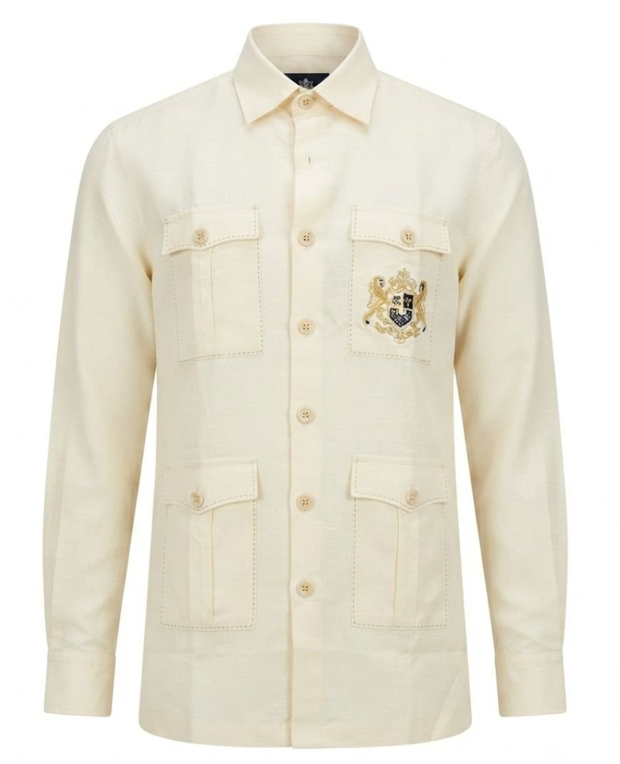 Men's Off-White Solid Utility Overshirt with Embroidered Pocket Detail, Full Sleeves & Classic Collar - Image 2