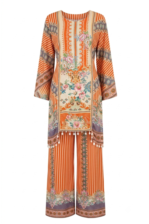 Orange Printed Kurta Set with Floral Panel Detailing, Long Sleeves, Wide-Leg Pants & Matching Dupatta