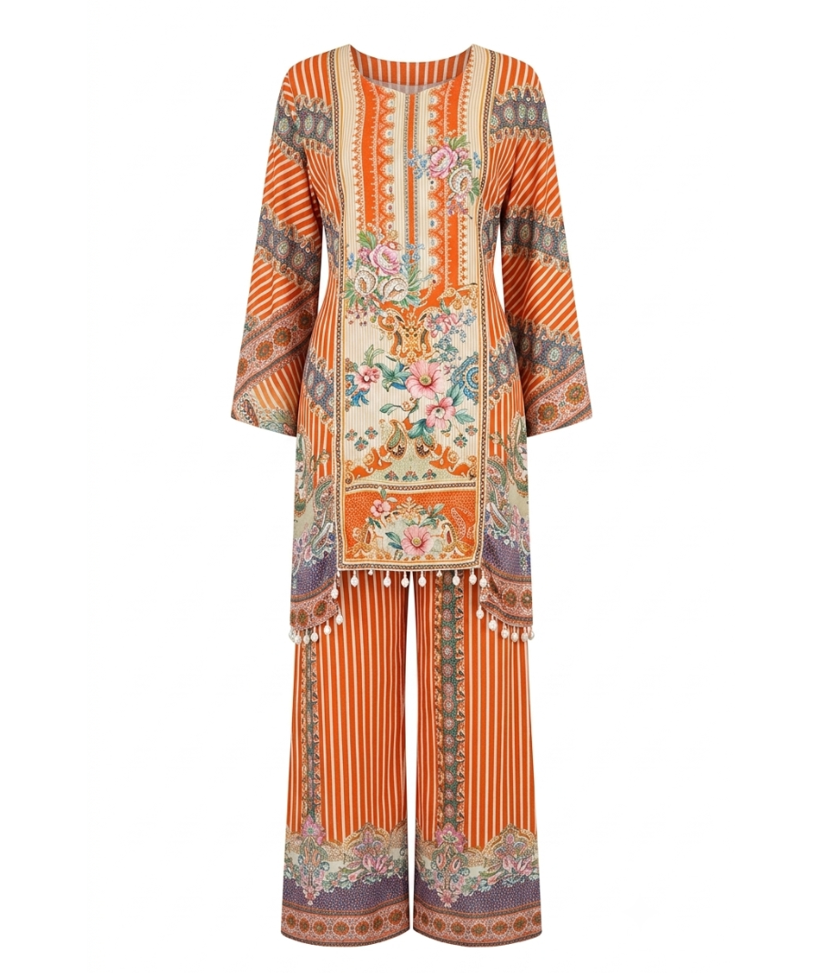 Orange Printed Kurta Set with Floral Panel Detailing, Long Sleeves, Wide-Leg Pants & Matching Dupatta - Image 2