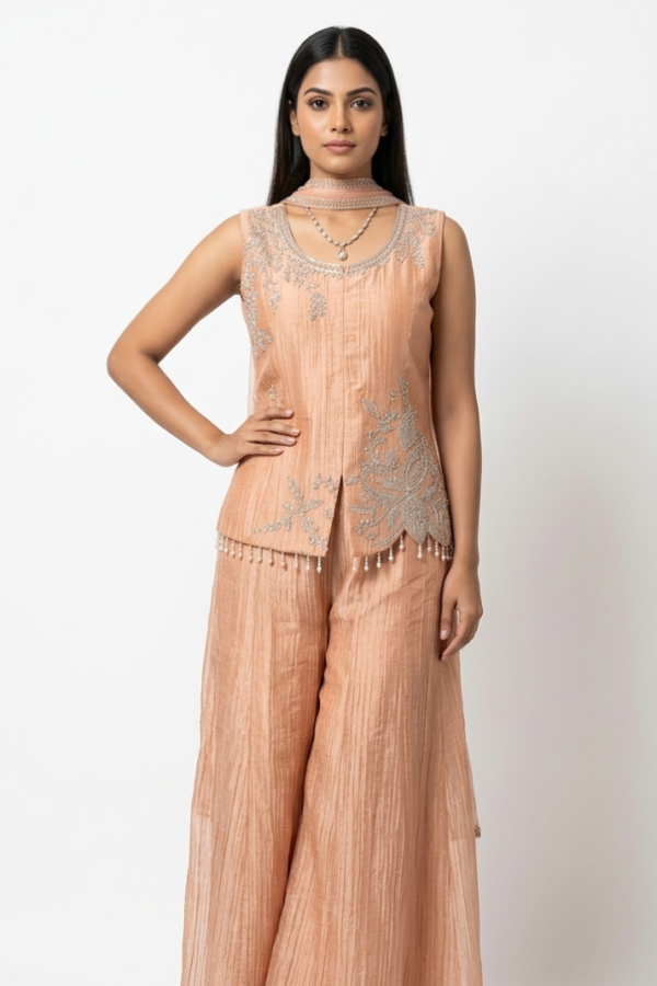Peach Embroidered Sleeveless Kurta Set with Wide-Leg Pants and Decorative Neck Detail