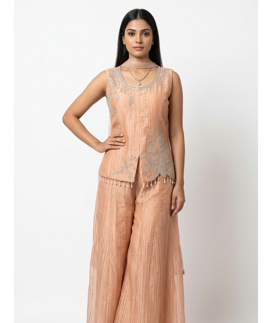 Peach Embroidered Sleeveless Kurta Set with Wide-Leg Pants and Decorative Neck Detail