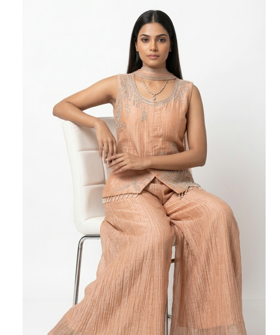 Peach Embroidered Sleeveless Kurta Set with Wide-Leg Pants and Decorative Neck Detail - Image 2