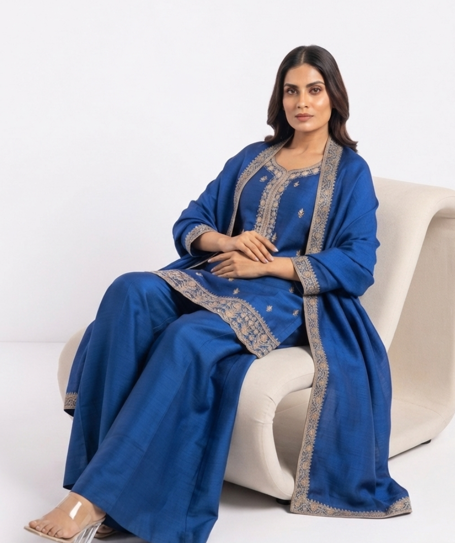Royal Blue Embroidered Kurta Palazzo Set with Coordinated Dupatta - Image 4