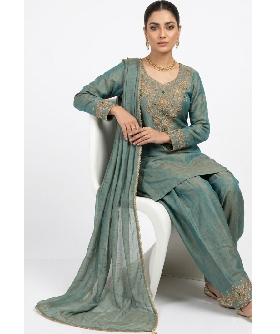 Teal Green Embroidered Salwar Suit Set with V-Neck Kurta, Palazzo Pants & Border-Detail Dupatta - Image 3