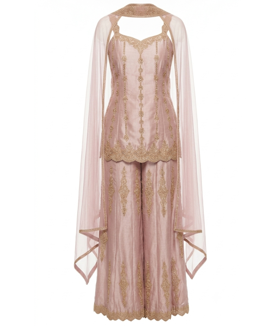 Blush Pink Embroidered Kurta Set with Palazzo Pants and Matching Dupatta - Image 3
