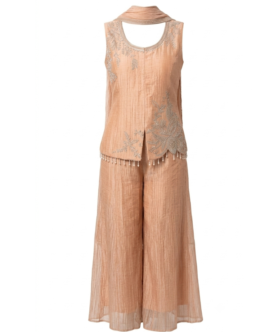 Peach Embroidered Sleeveless Kurta Set with Wide-Leg Pants and Decorative Neck Detail - Image 3