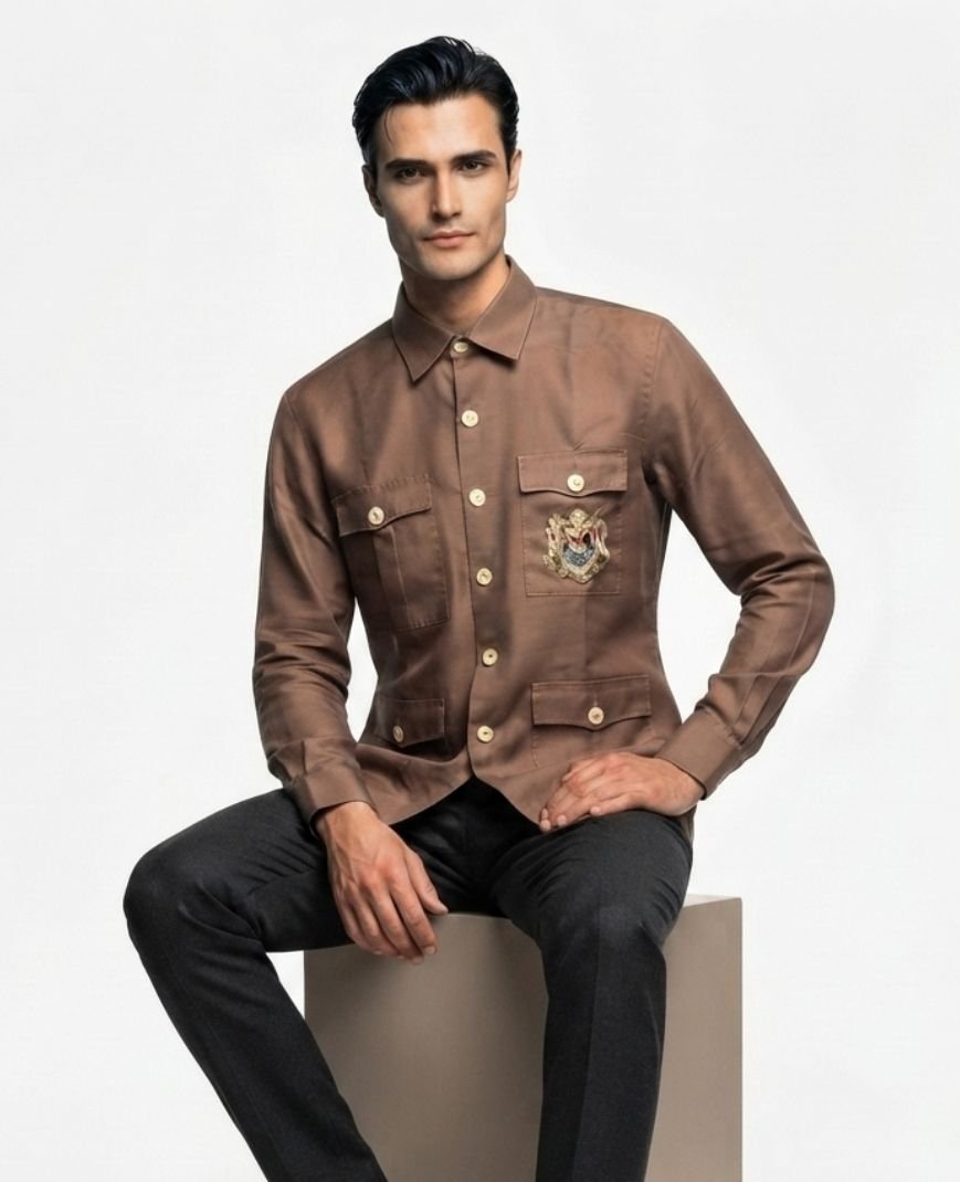 Men's Taupe Brown Solid Utility Overshirt with Embroidered Pocket Detail, Full Sleeves & Classic Collar - Image 6