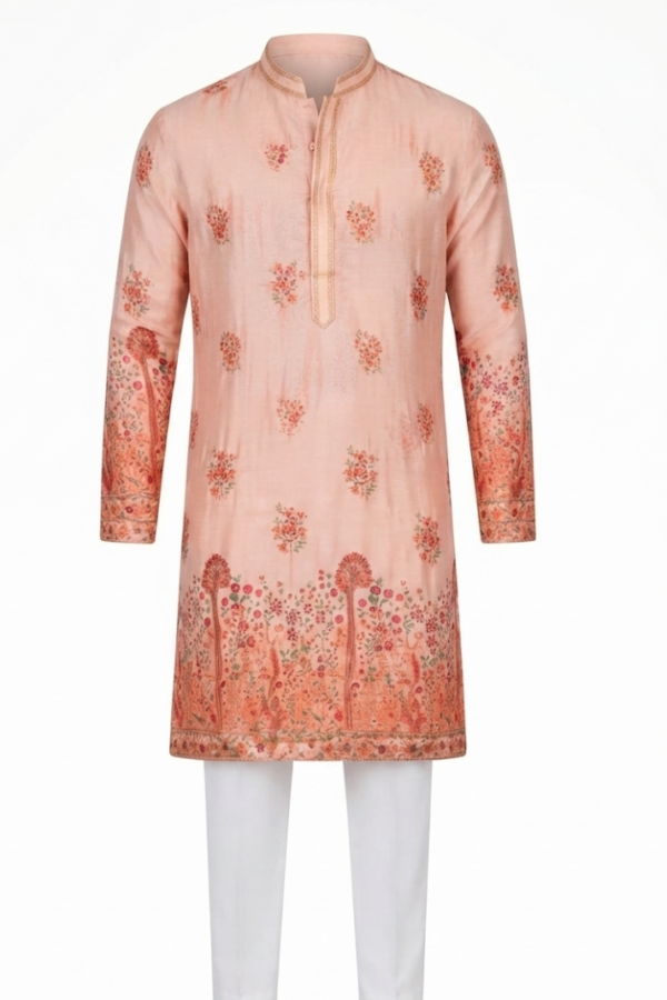 Men’s Peach Floral Print Ethnic Kurta with Mandarin Collar & Full Sleeves