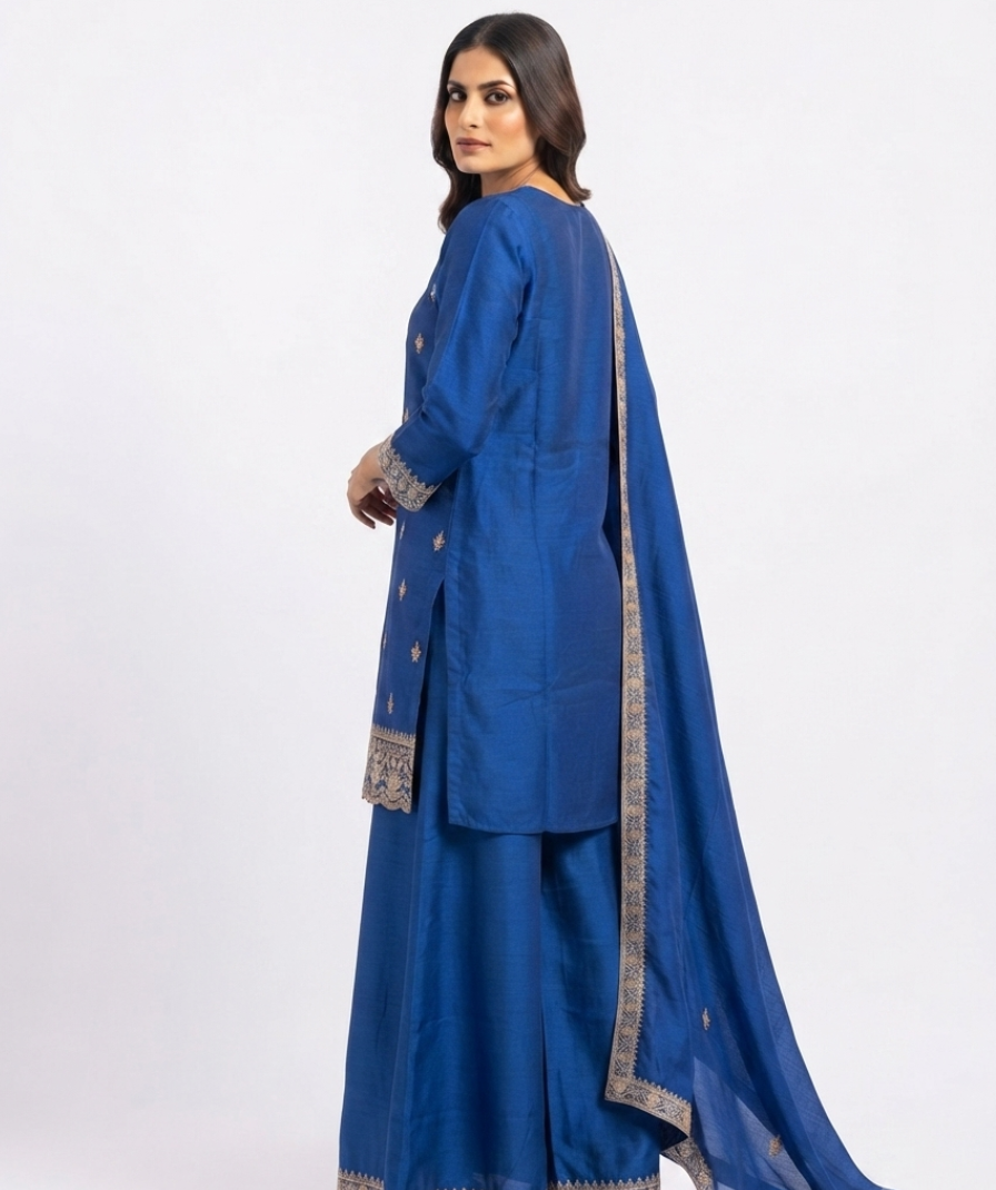 Royal Blue Embroidered Kurta Palazzo Set with Coordinated Dupatta - Image 5