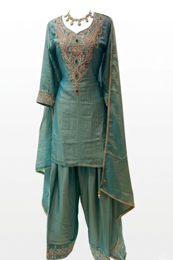 Teal Green Embroidered Salwar Suit Set with V-Neck Kurta, Palazzo Pants & Border-Detail Dupatta