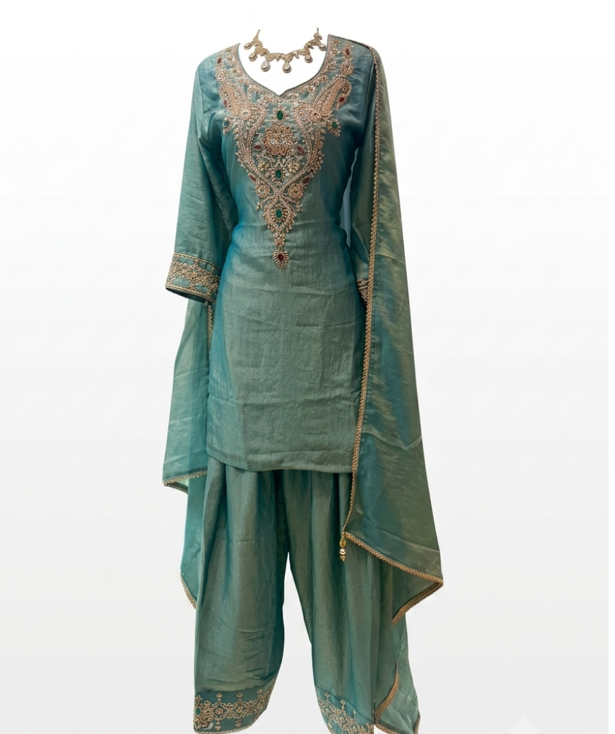 Teal Green Embroidered Salwar Suit Set with V-Neck Kurta, Palazzo Pants & Border-Detail Dupatta - Image 2