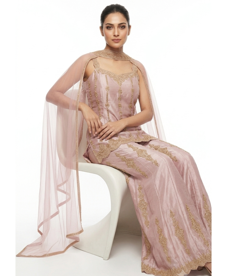 Blush Pink Embroidered Kurta Set with Palazzo Pants and Matching Dupatta - Image 2