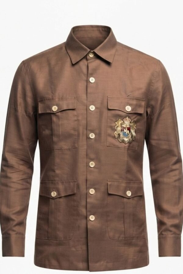 Men's Taupe Brown Solid Utility Overshirt with Embroidered Pocket Detail, Full Sleeves & Classic Collar
