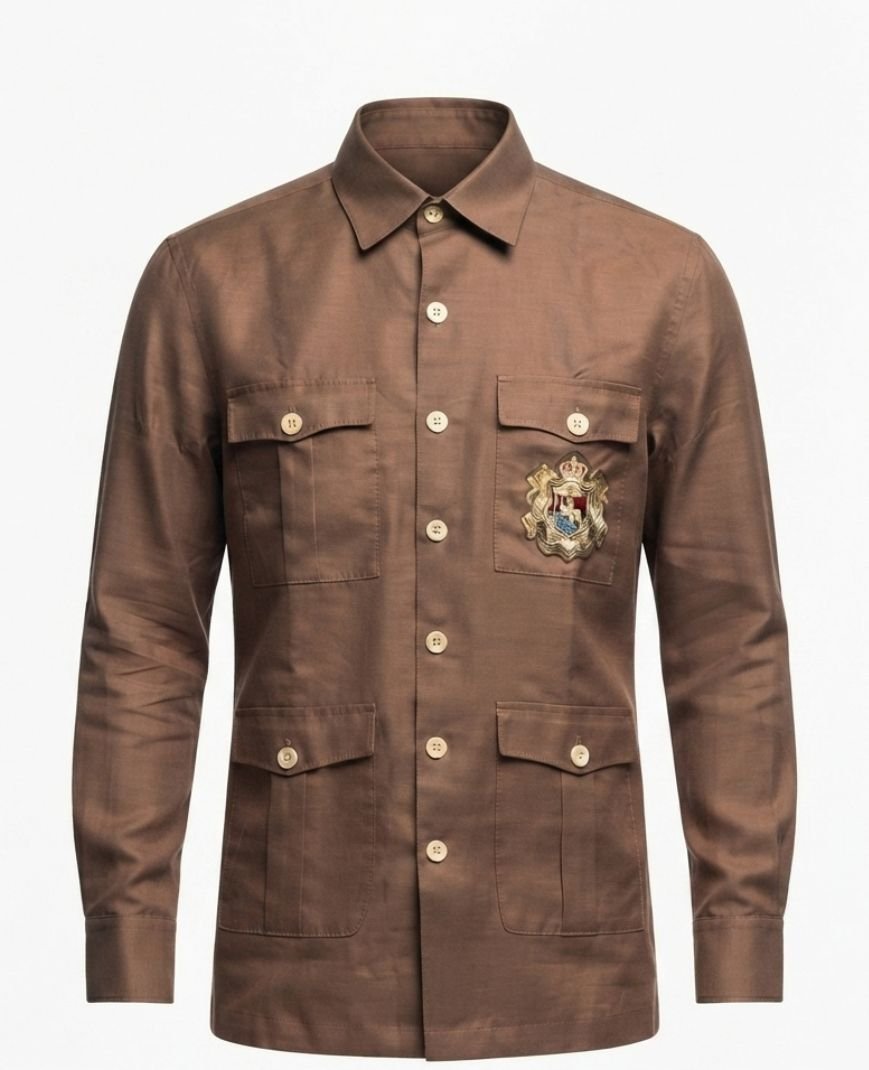 Men's Taupe Brown Solid Utility Overshirt with Embroidered Pocket Detail, Full Sleeves & Classic Collar - Image 2