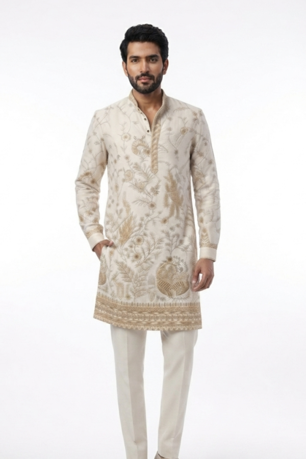 Men’s Off-White Botanical Print Ethnic Kurta with Mandarin Collar & Full Sleeves