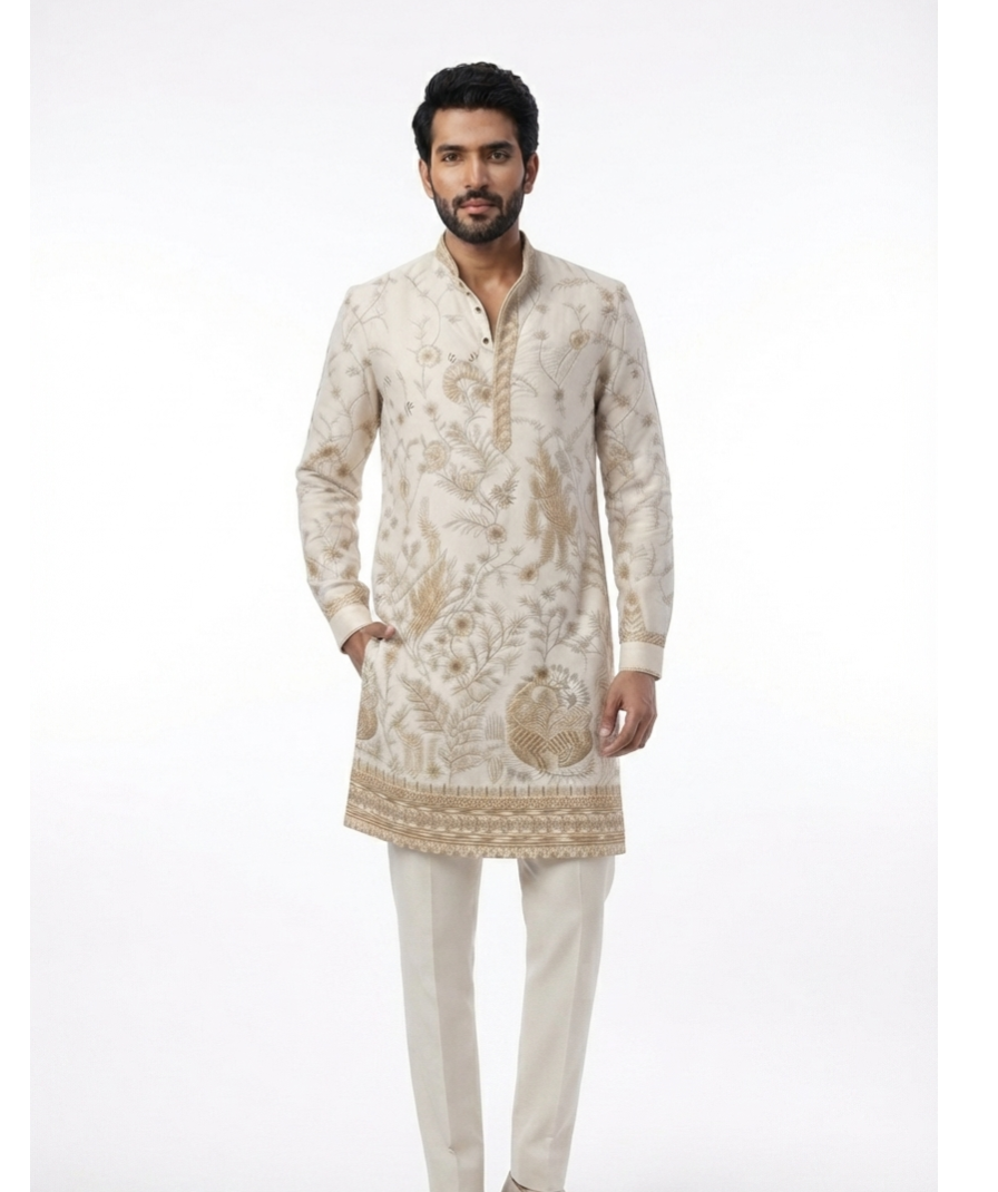 Men’s Off-White Botanical Print Ethnic Kurta with Mandarin Collar & Full Sleeves