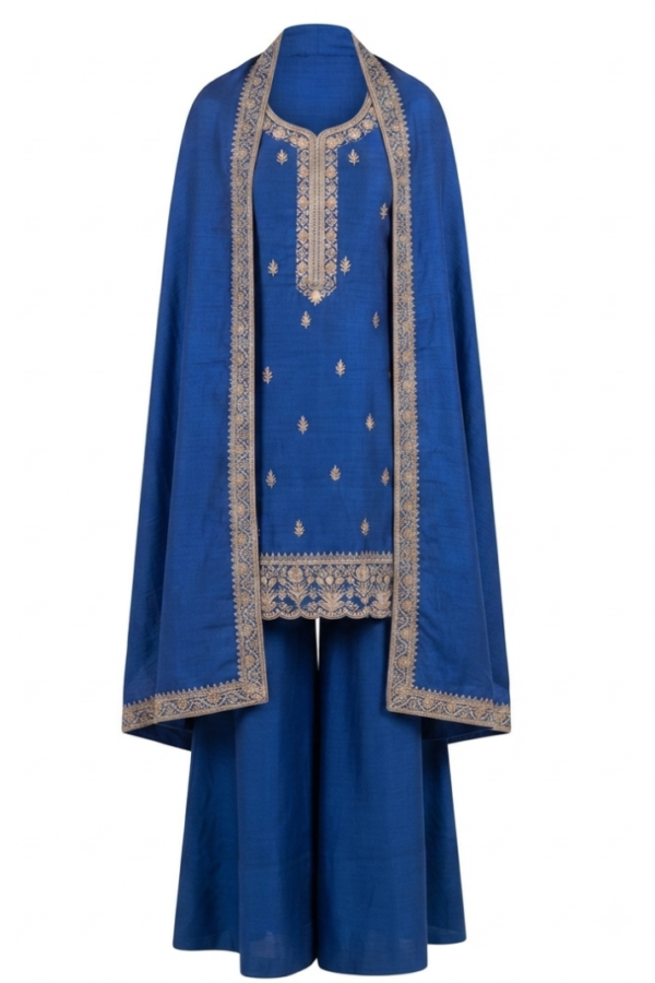 Royal Blue Embroidered Kurta Palazzo Set with Coordinated Dupatta