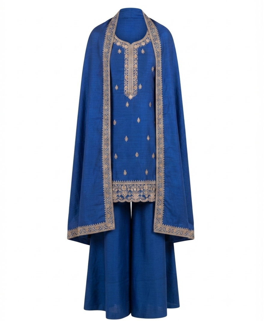 Royal Blue Embroidered Kurta Palazzo Set with Coordinated Dupatta - Image 2