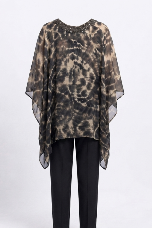 Women's Black & Grey Tie-Dye Kaftan Co-Ord Set with Round Neck and Batwing Sleeves