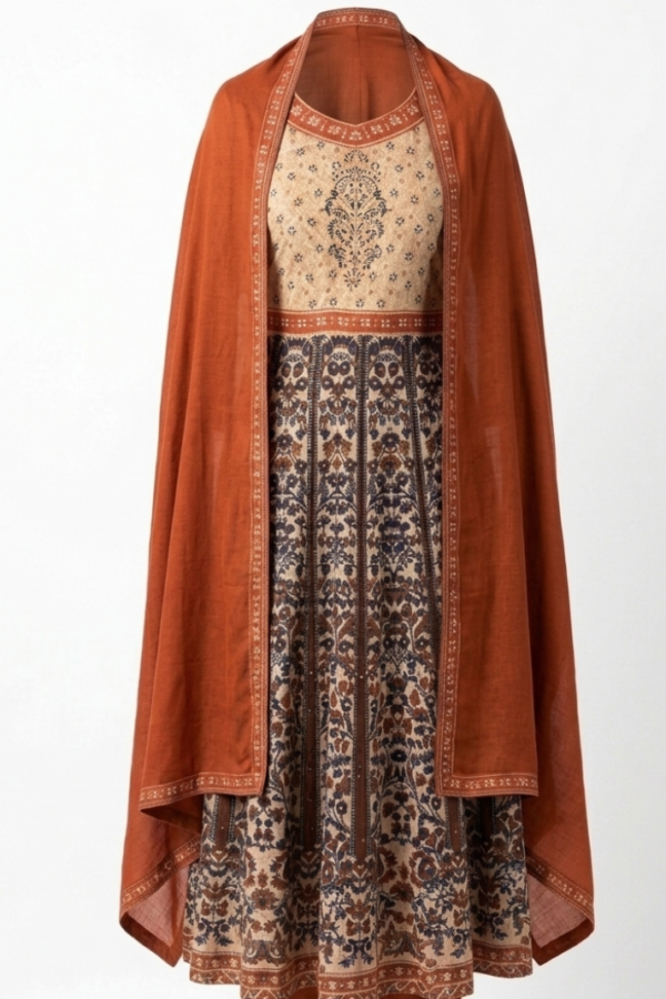 Rust Orange Printed Anarkali Kurta Set with Printed Flared Kurta, Matching Dupatta & Pants