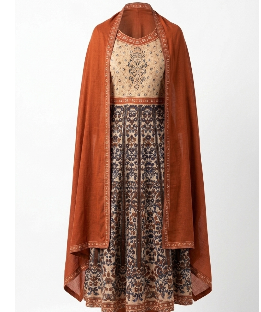 Rust Orange Printed Anarkali Kurta Set with Printed Flared Kurta, Matching Dupatta & Pants - Image 2