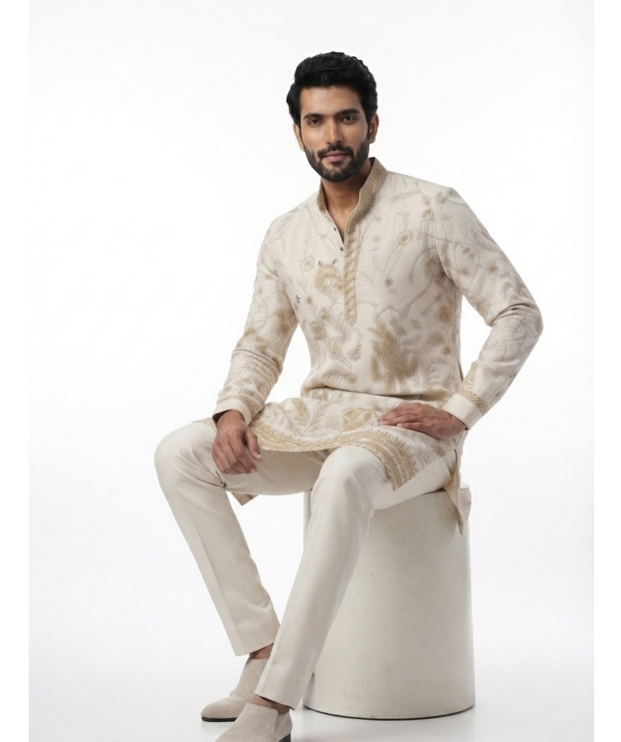 Men’s Off-White Botanical Print Ethnic Kurta with Mandarin Collar & Full Sleeves - Image 3