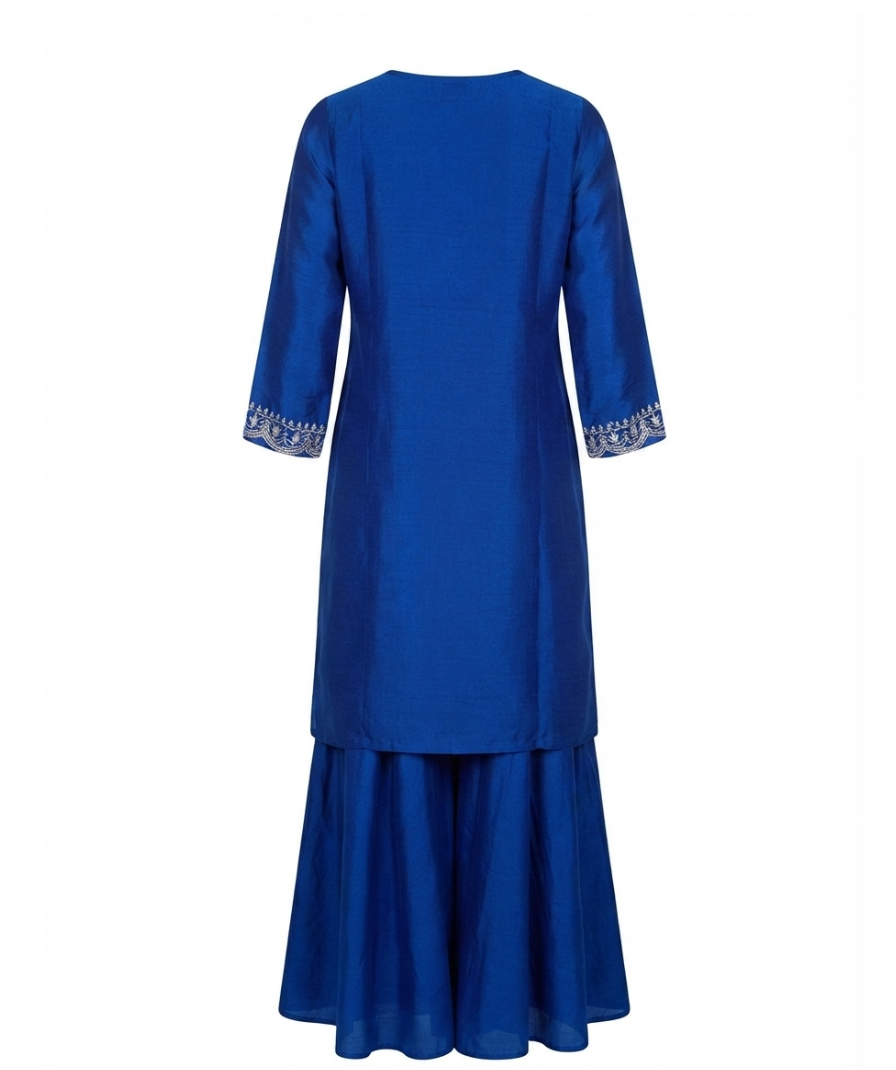 Royal Blue Embroidered Kurta Palazzo Set with Coordinated Dupatta - Image 3