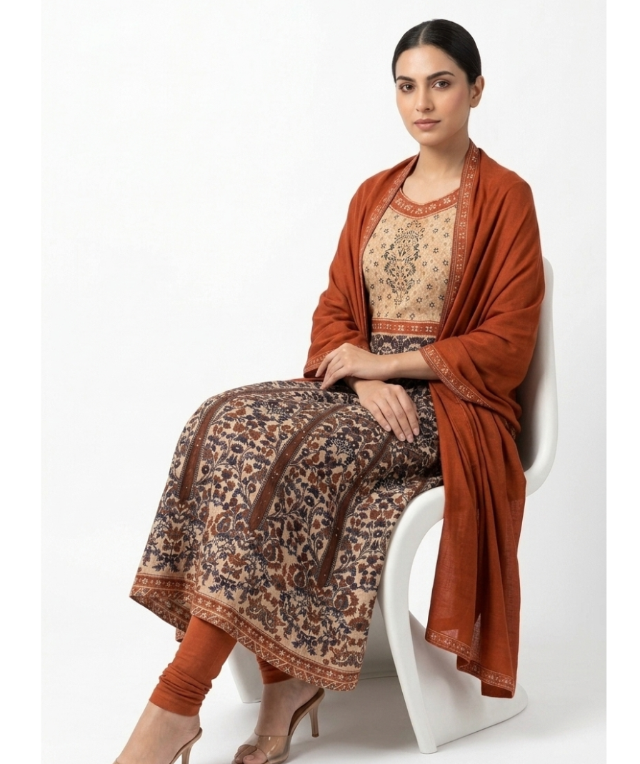 Rust Orange Printed Anarkali Kurta Set with Printed Flared Kurta, Matching Dupatta & Pants - Image 3