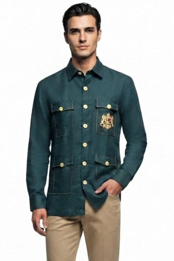 Men's Teal Green Solid Utility Overshirt with Embroidered Pocket Detail, Full Sleeves & Classic Collar