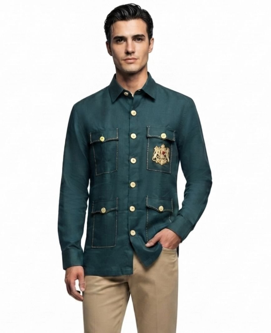 Men's Teal Green Solid Utility Overshirt with Embroidered Pocket Detail, Full Sleeves & Classic Collar
