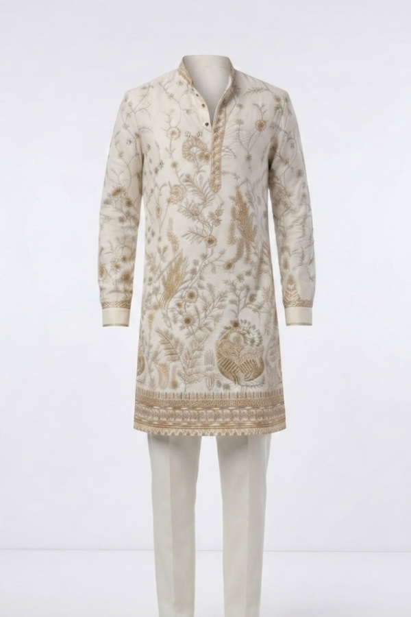 Men’s Off-White Botanical Print Ethnic Kurta with Mandarin Collar & Full Sleeves